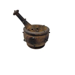 Vtg 1970s Wooden Mortar & Pestle Spike Studded Primitive Medieval Renaissance